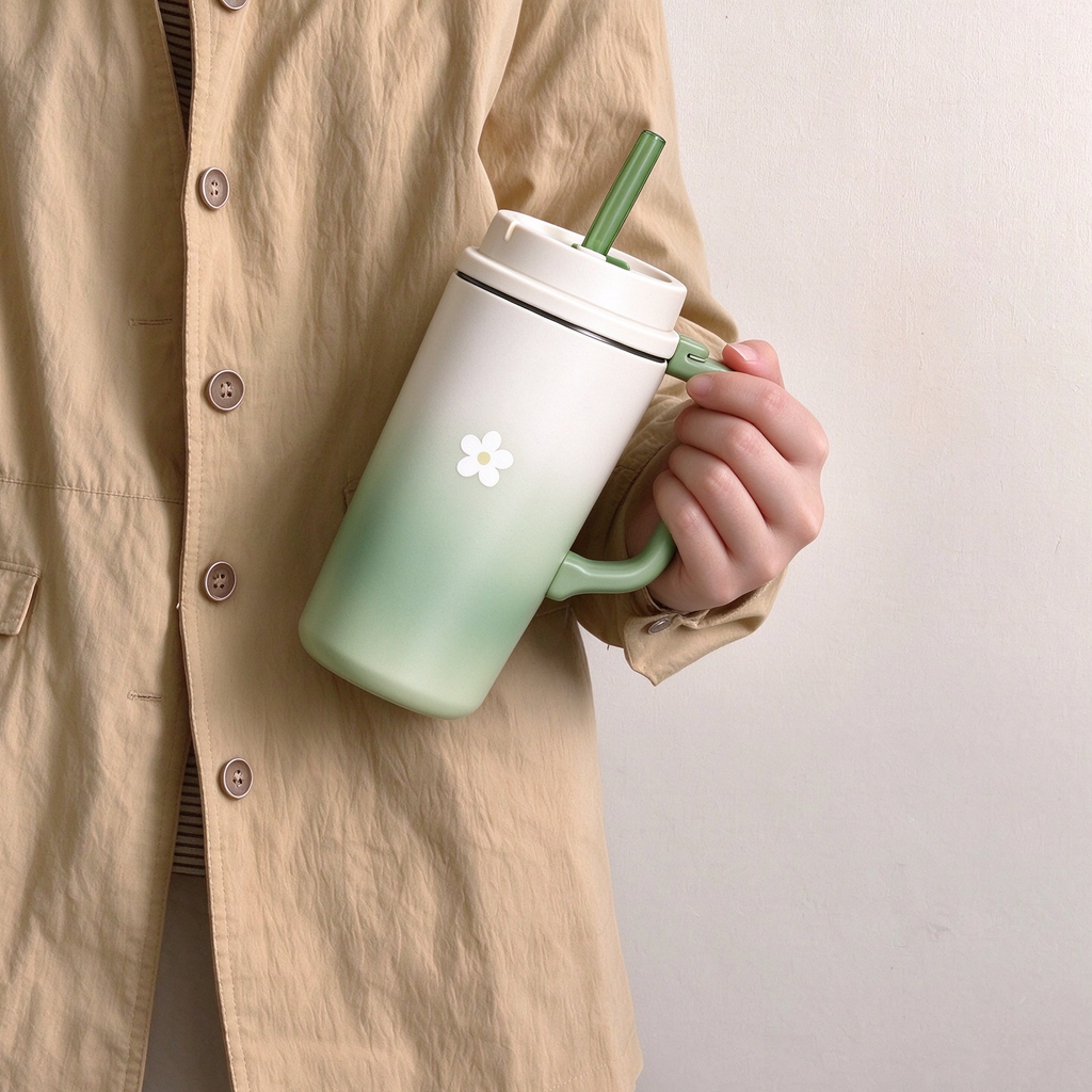 Gradient Green Daisy Handle Tumbler