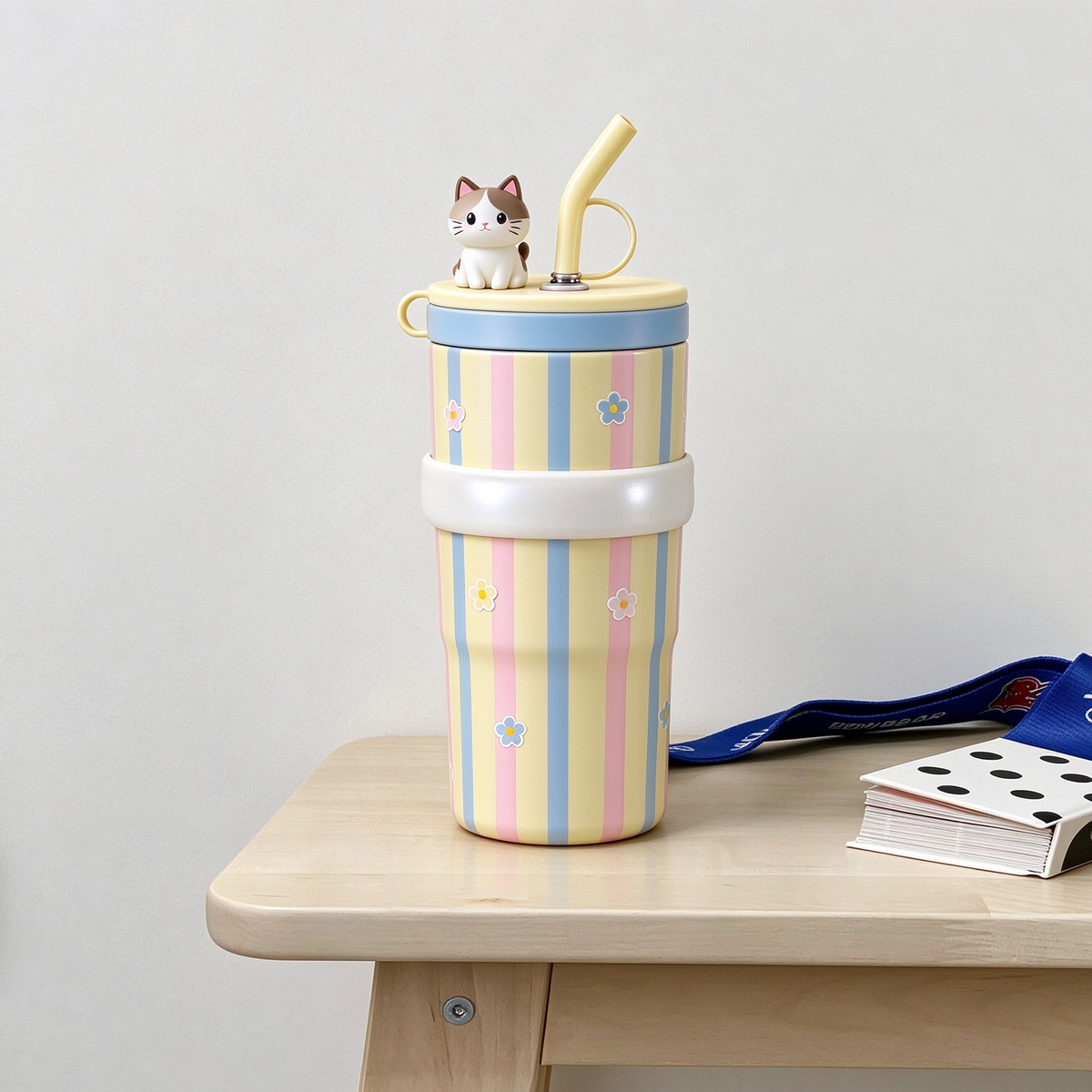Stripe Cat Figure Straw Tumbler