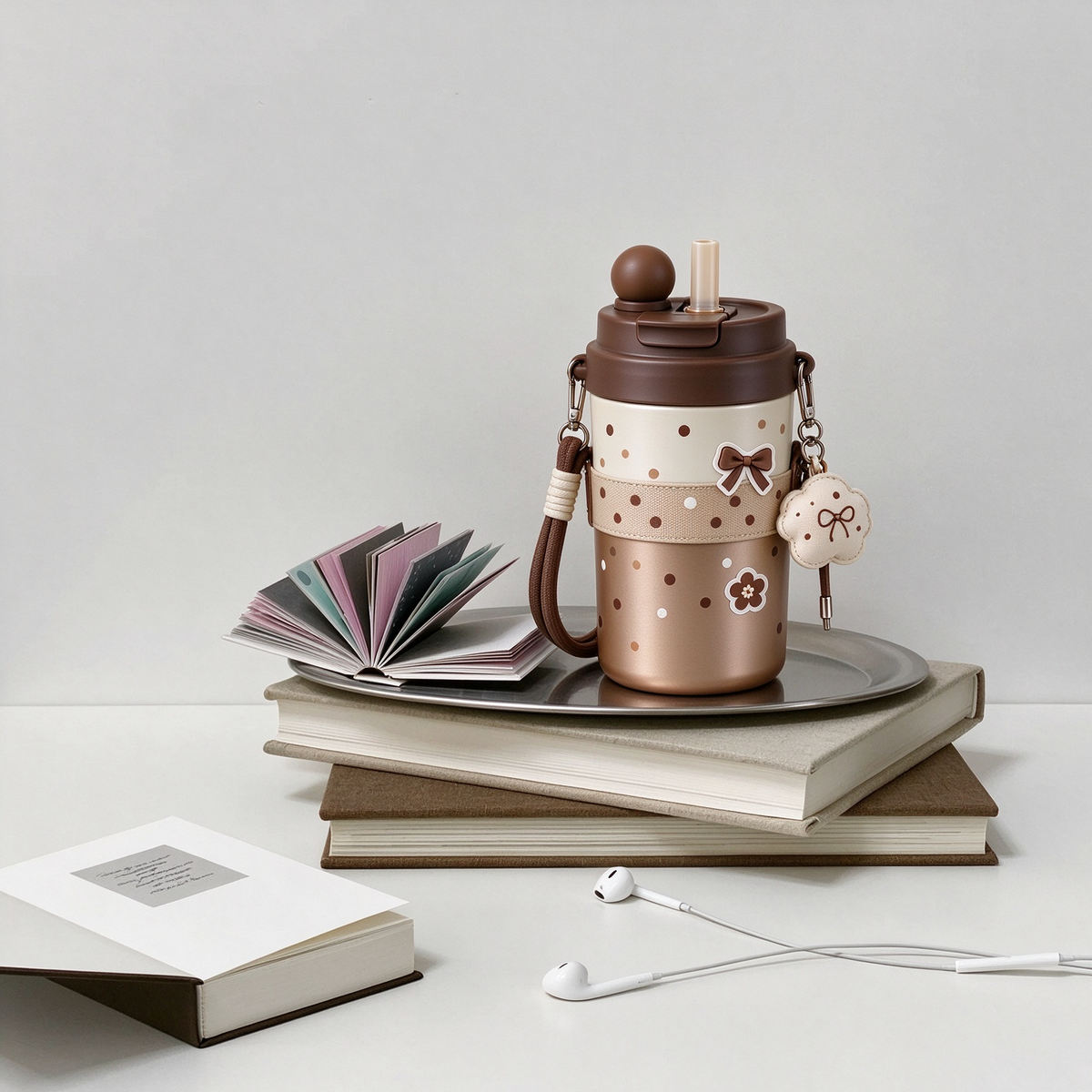 Brown Polka Dot Bow Water Cup With Strap