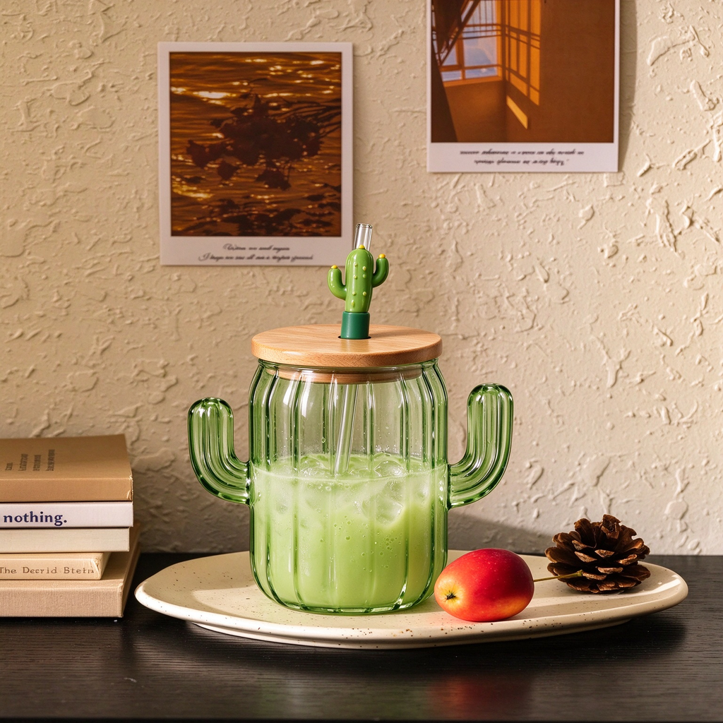 Green Cactus Shape Glass Cup With Wooden Lid And Straw