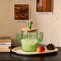 Green Cactus Shape Glass Cup With Wooden Lid And Straw