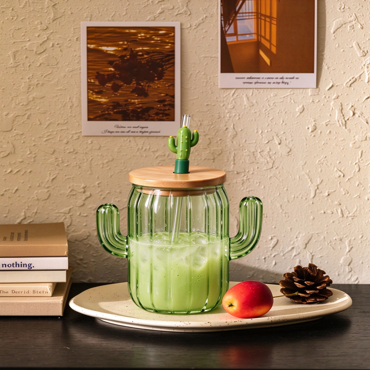 Green Cactus Shape Glass Cup With Wooden Lid And Straw