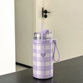 Purple Plaid Heart Straw Water Bottle