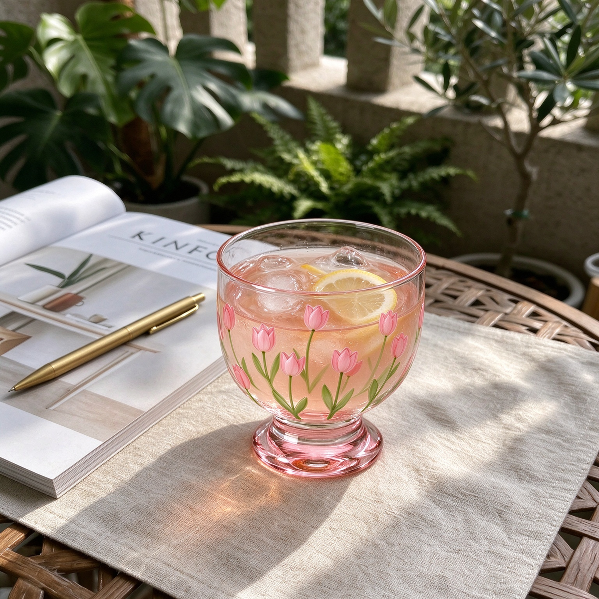 Pink Tulip Footed Glass Cup