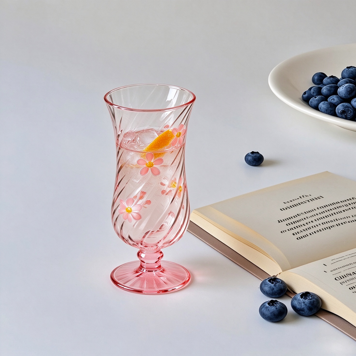 Pink Swirl Floral Footed Glass