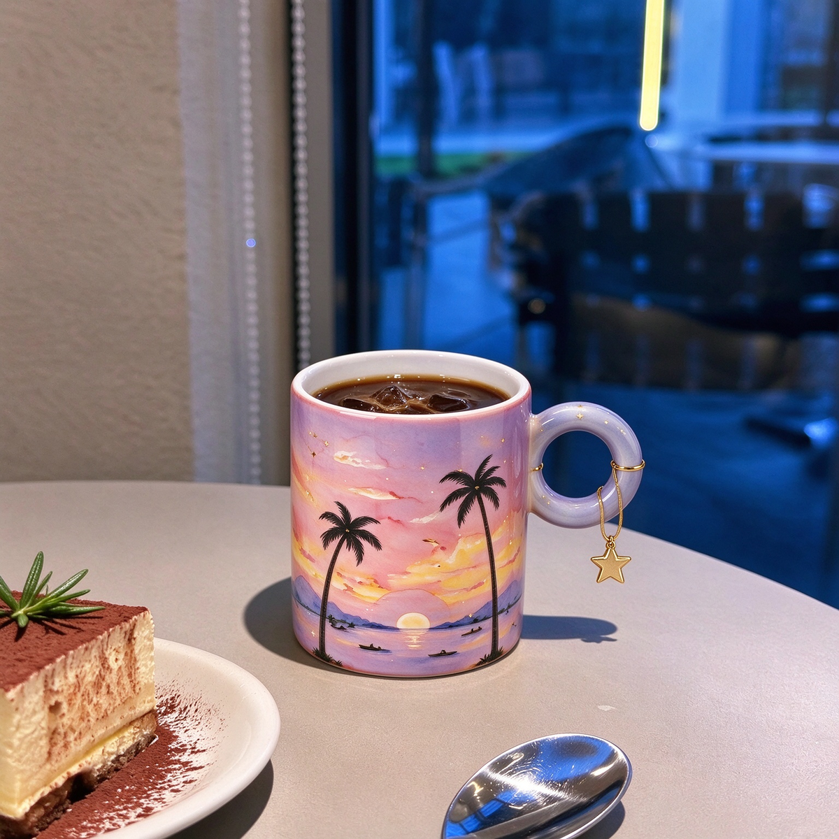 Sunset Palm Tree Ceramic Mug With Star Charm