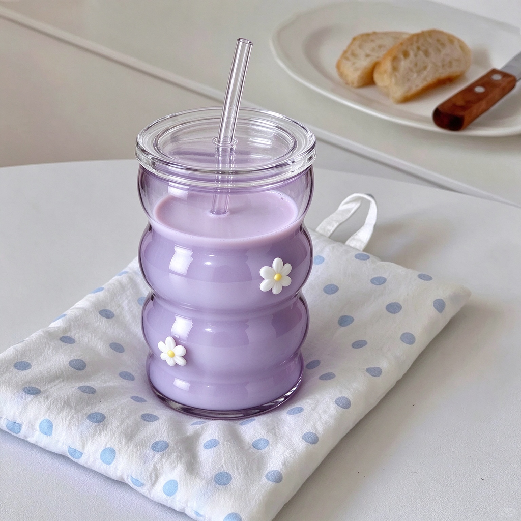 Purple Gourd Shape Daisy Glass Tumbler With Lid And Straw