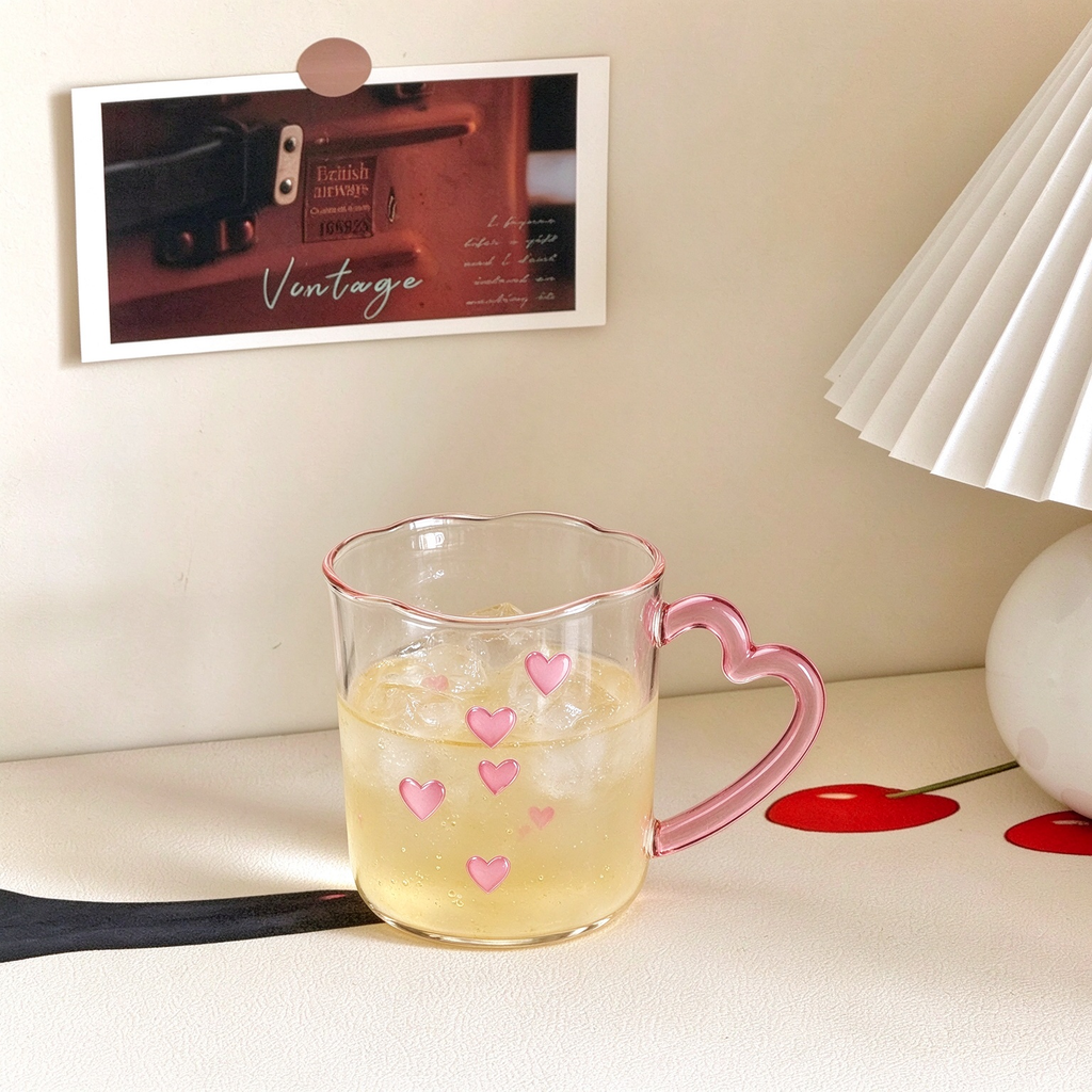 Pink Heart Handle Scalloped Glass Mug