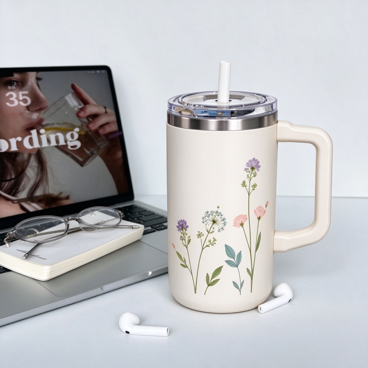Cream Wildflower Large Handle Tumbler