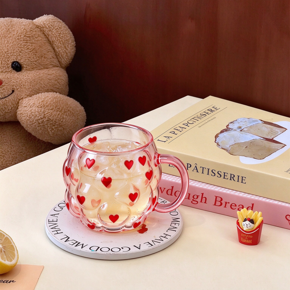 Red Heart Embossed Pink Glass Mug