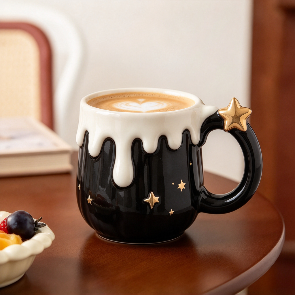 Black Drip Star Ceramic Mug With Gold Star Handle