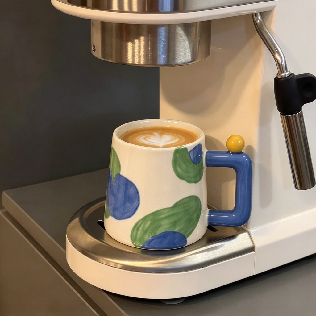 Abstract Green Blue Painted Ceramic Mug With Yellow Knob Handle