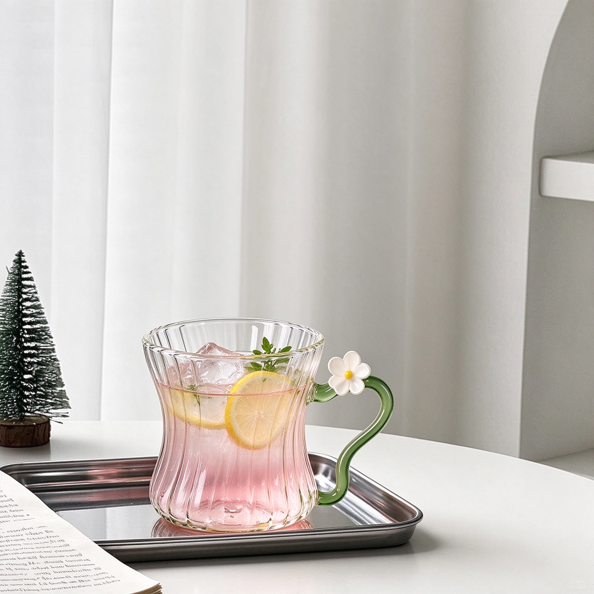Curved Ribbed Glass Mug With Green Handle And Daisy Accent