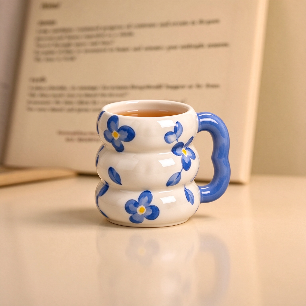 Blue Floral Wavy Stacked Ceramic Mug