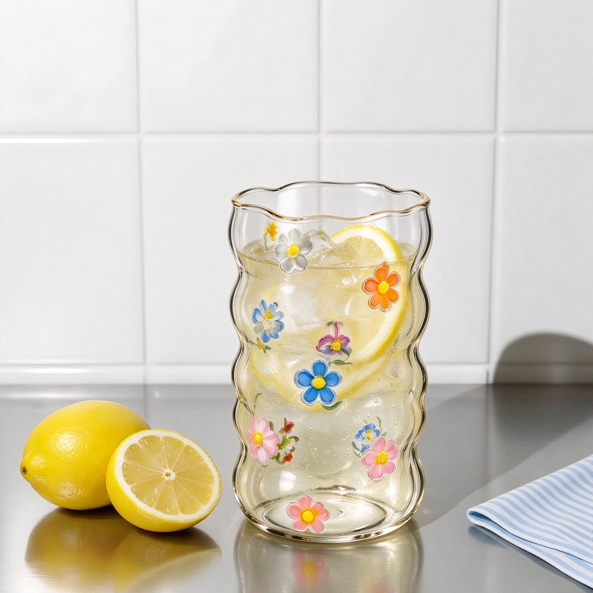 Wavy Colorful Floral Glass Tumbler