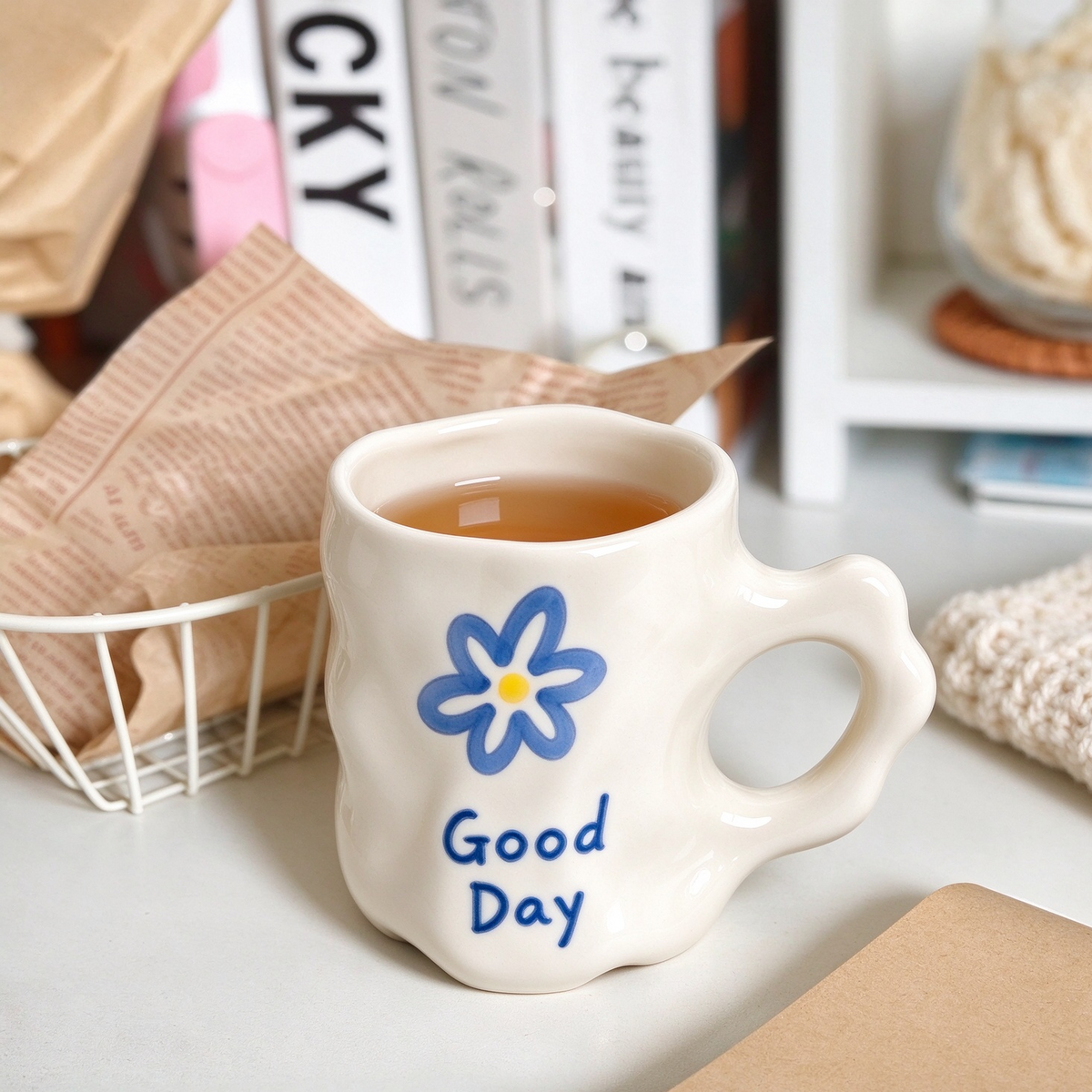 Good Day Wavy Ceramic Mug With Blue Flower