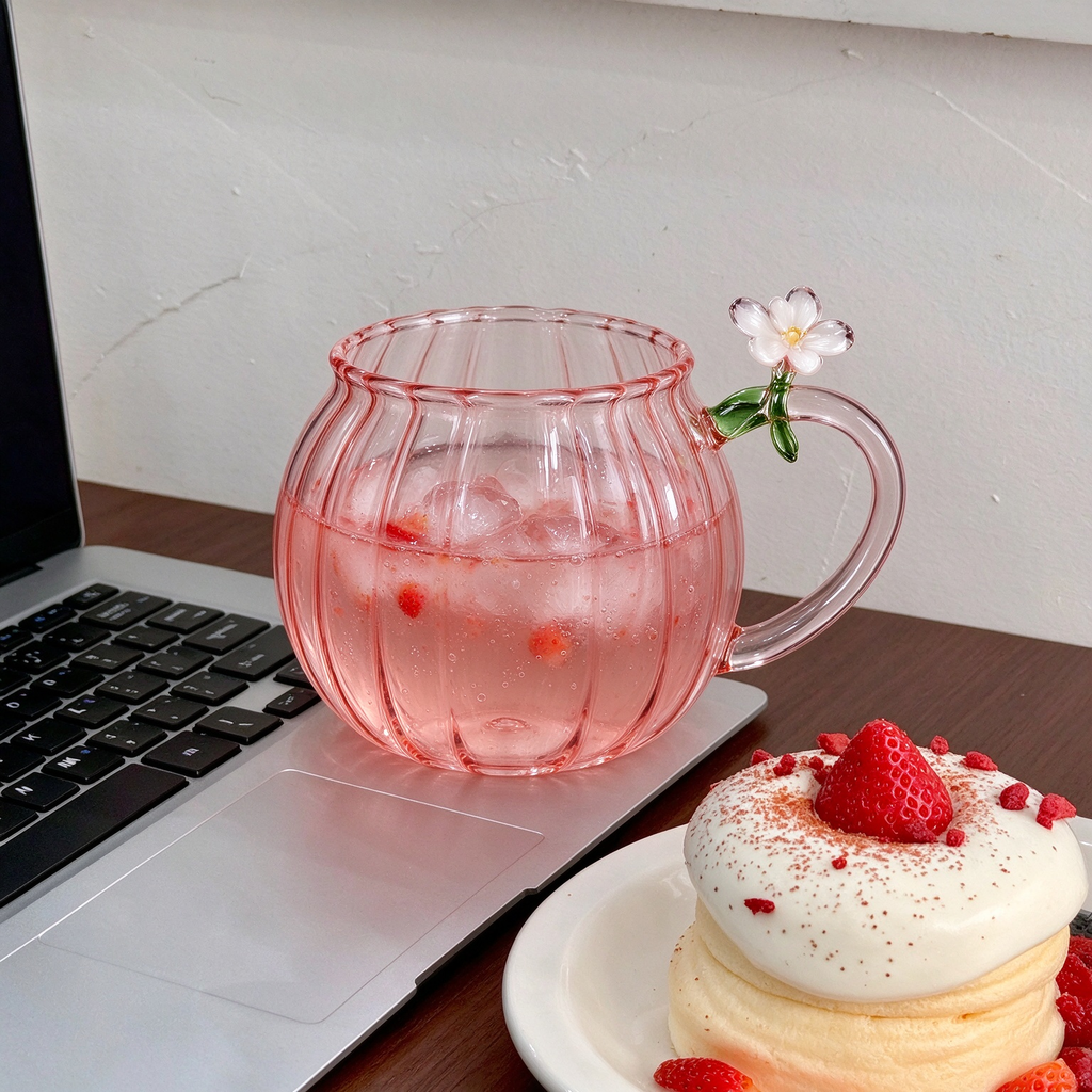 Pink Pumpkin Shape Glass Mug With Flower Handle