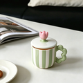 Green Striped Ceramic Mug With Tulip Lid