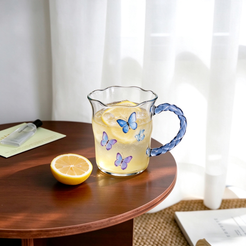 Blue Butterfly Twisted Handle Glass Mug