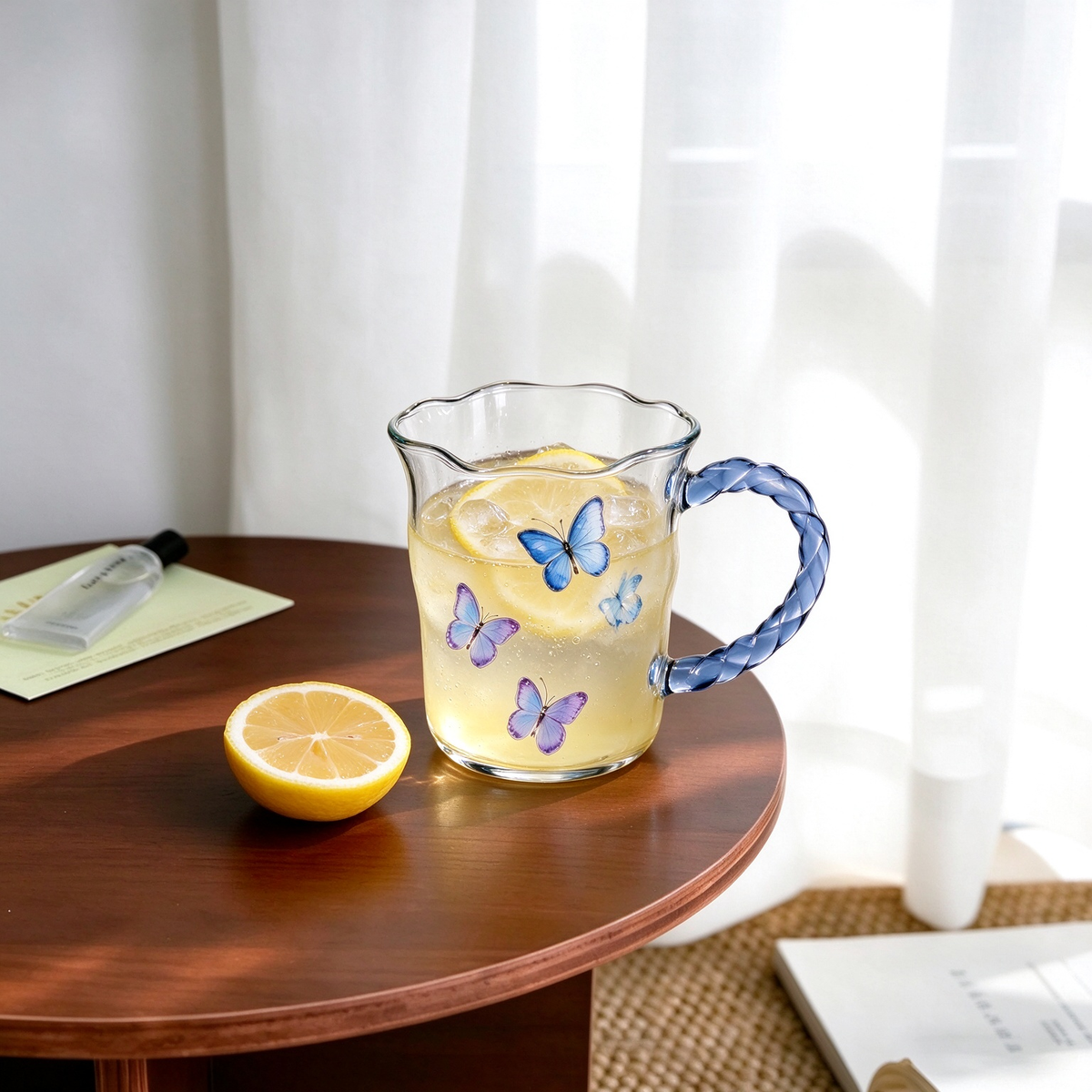 Blue Butterfly Twisted Handle Glass Mug