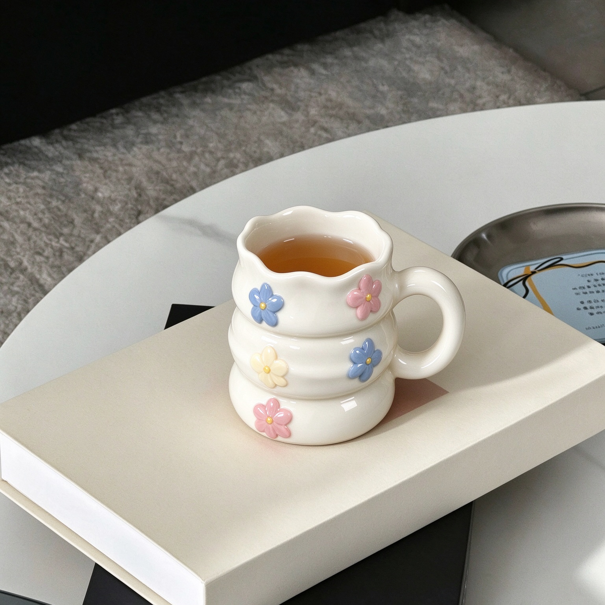 Tiered Ceramic Mug With 3D Colorful Flowers