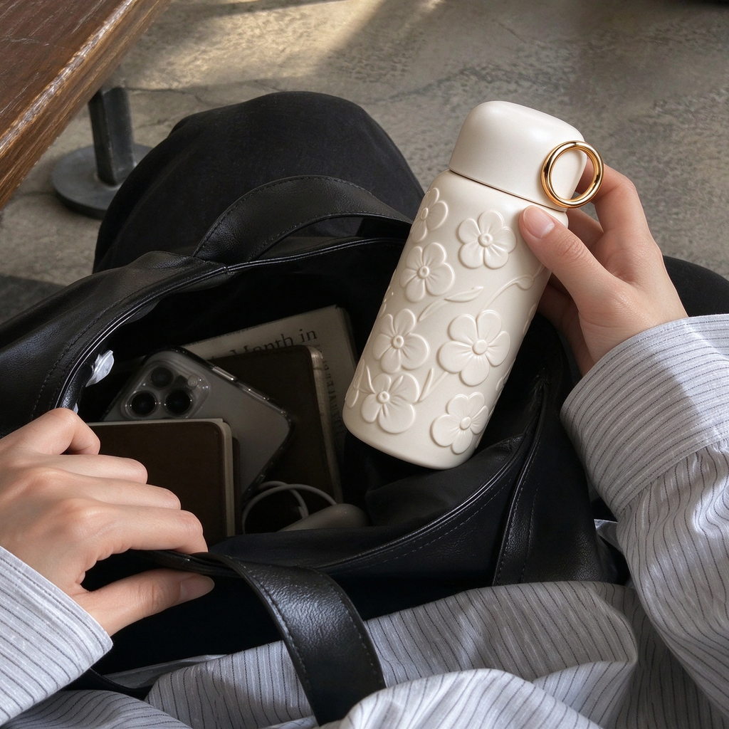 Embossed White Floral Thermos With Gold Ring