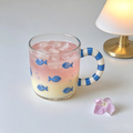 Blue Fish Print Striped Handle Glass Mug