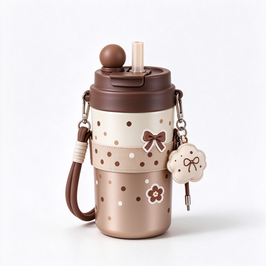 Brown Polka Dot Bow Water Cup With Strap