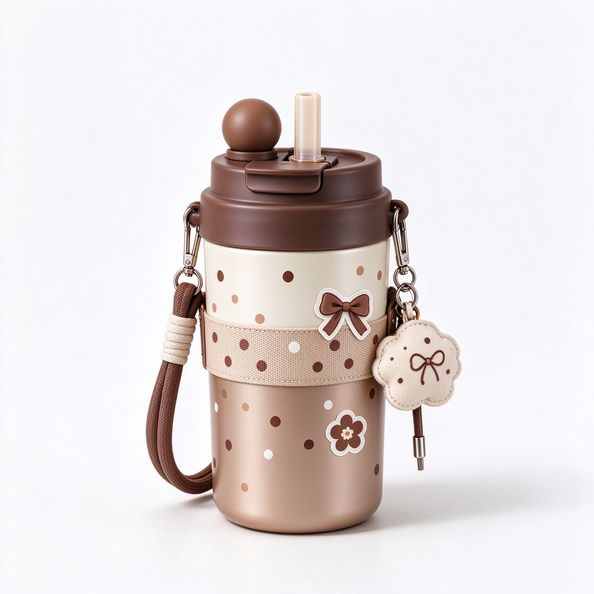 Brown Polka Dot Bow Water Cup With Strap