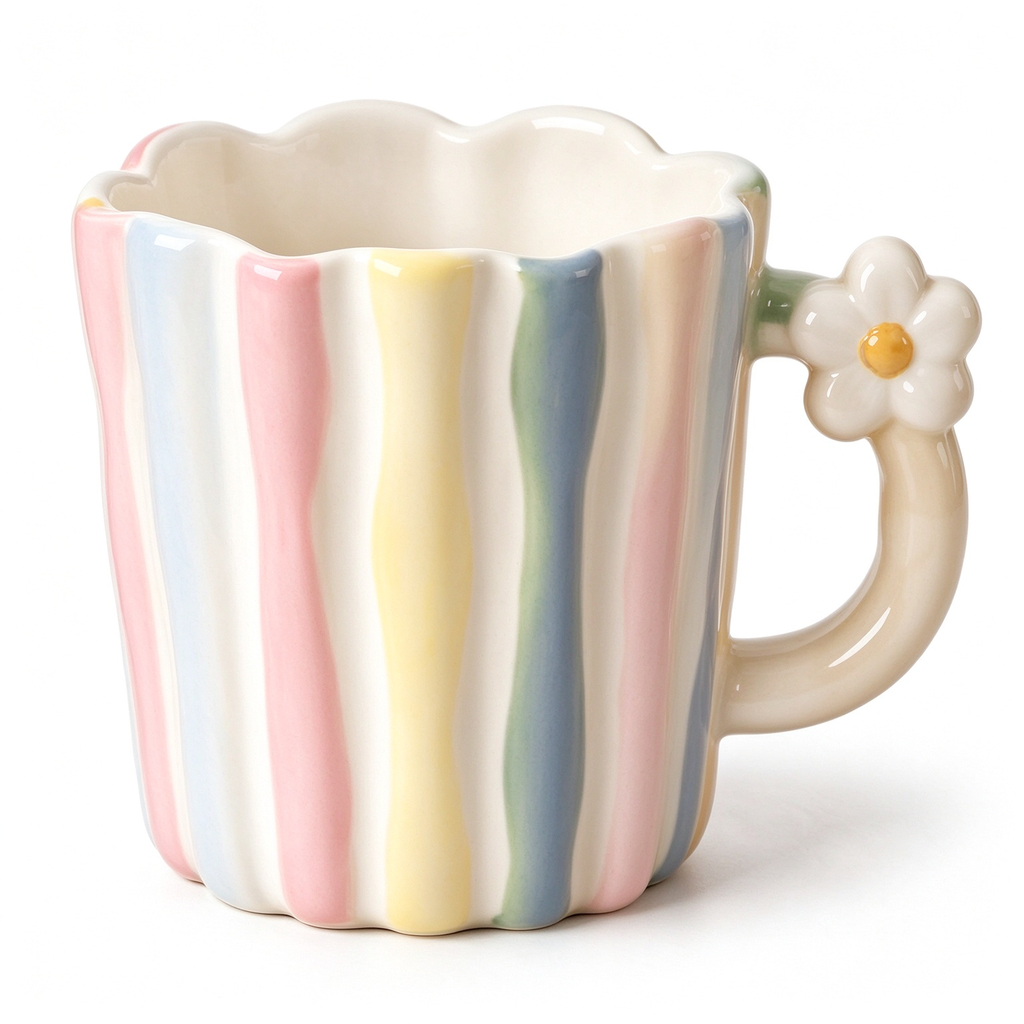 Rainbow Stripe Flower Handle Ceramic Mug