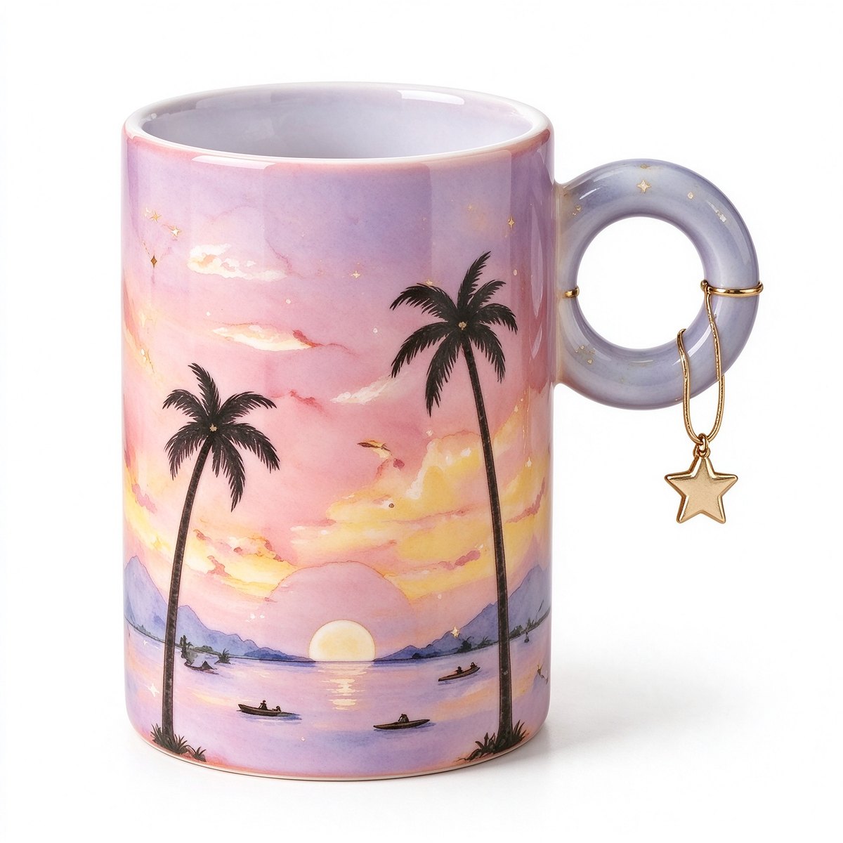 Sunset Palm Tree Ceramic Mug With Star Charm