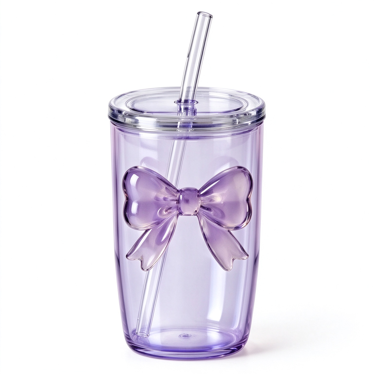 Purple Bow Decor Glass Tumbler With Lid And Straw