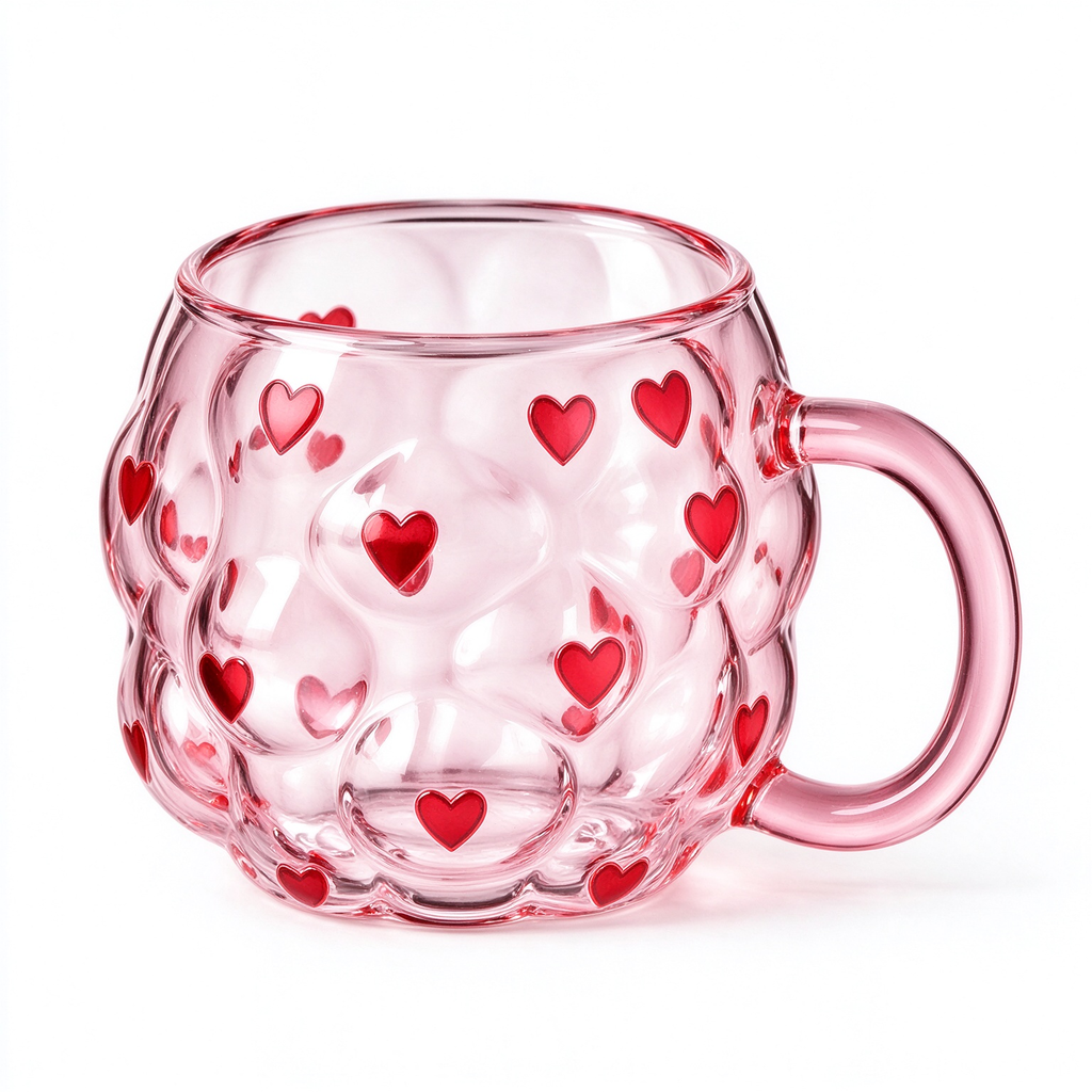 Red Heart Embossed Pink Glass Mug