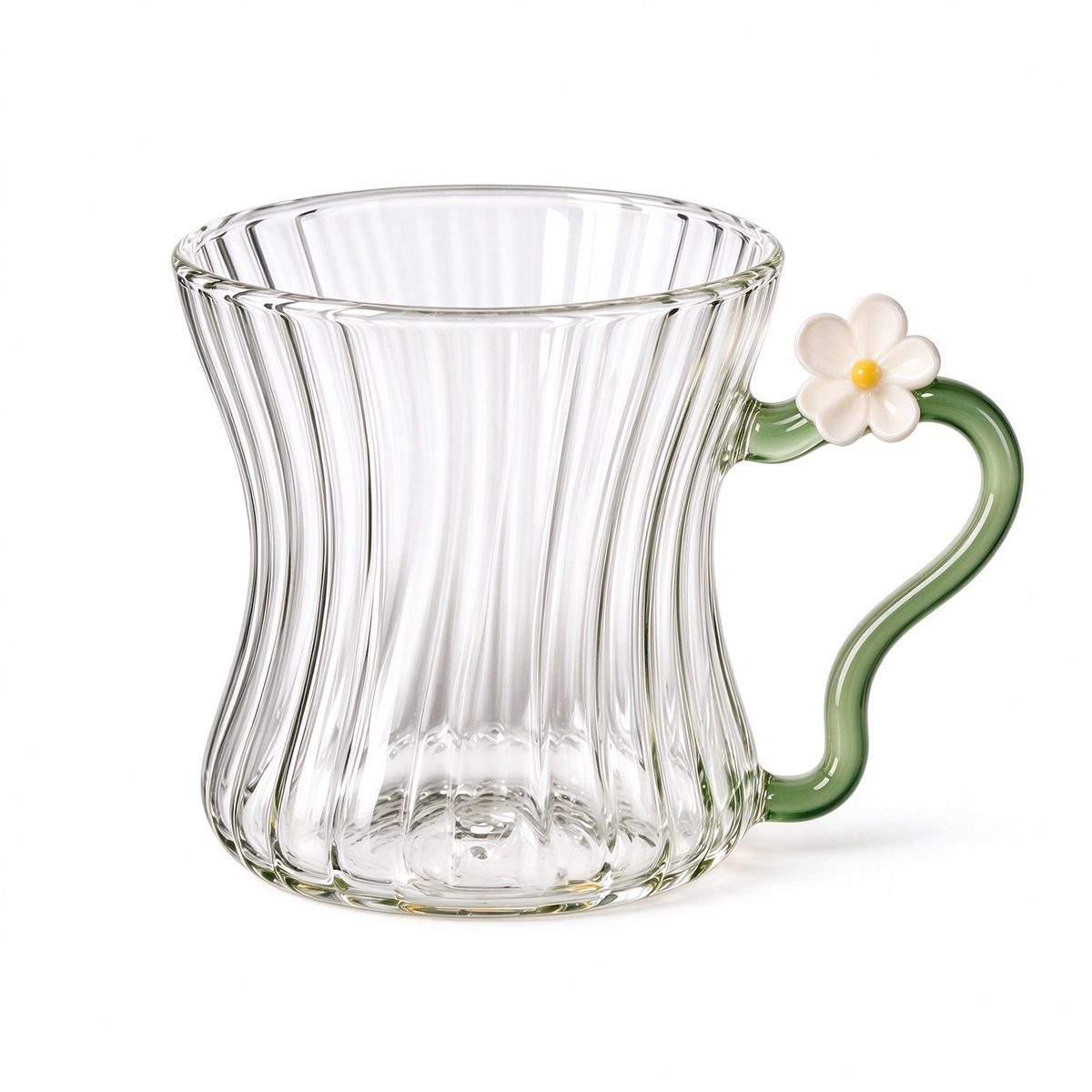 Curved Ribbed Glass Mug With Green Handle And Daisy Accent