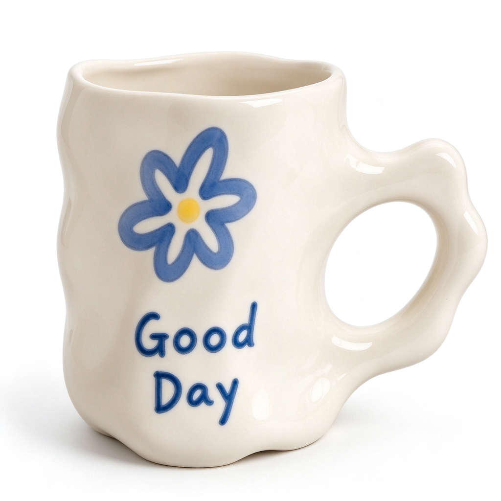 Good Day Wavy Ceramic Mug With Blue Flower