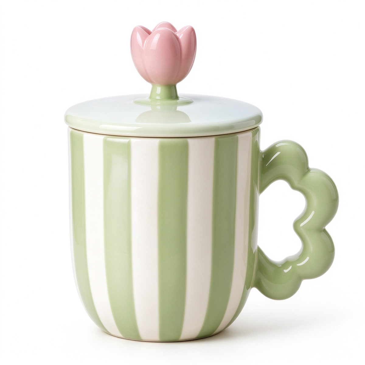 Green Striped Ceramic Mug With Tulip Lid