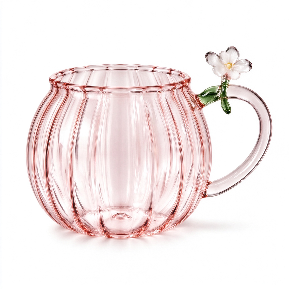 Pink Pumpkin Shape Glass Mug With Flower Handle