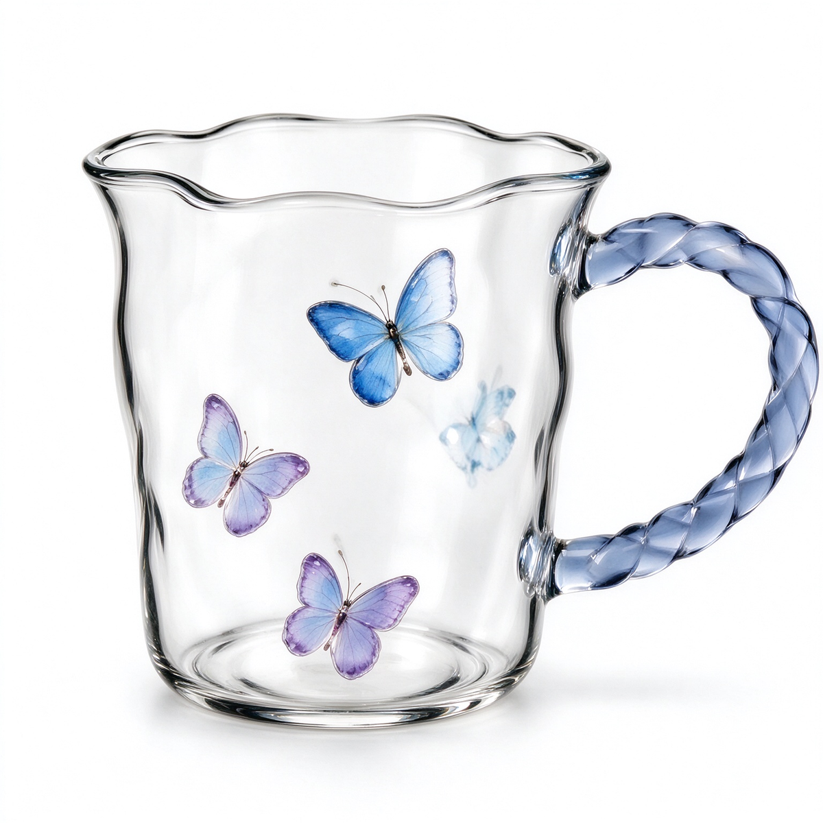 Blue Butterfly Twisted Handle Glass Mug