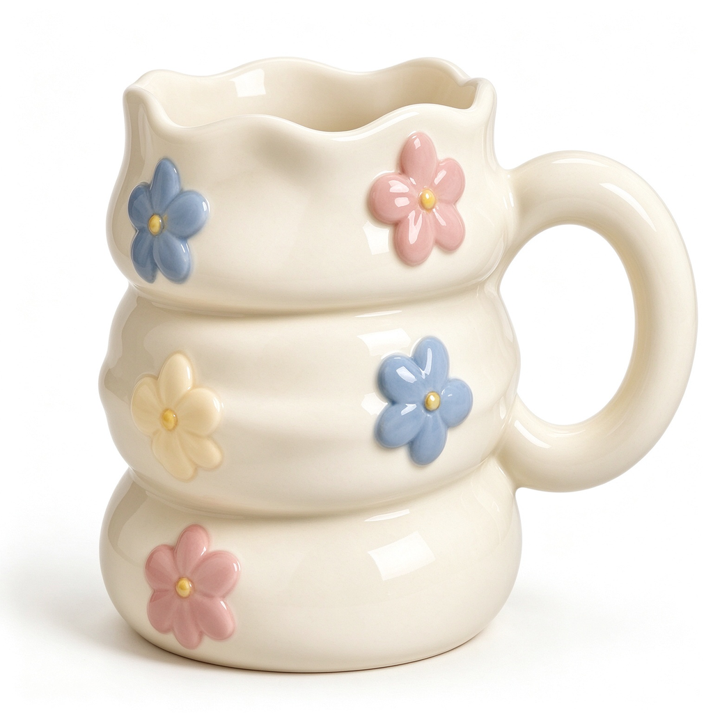 Tiered Ceramic Mug With 3D Colorful Flowers