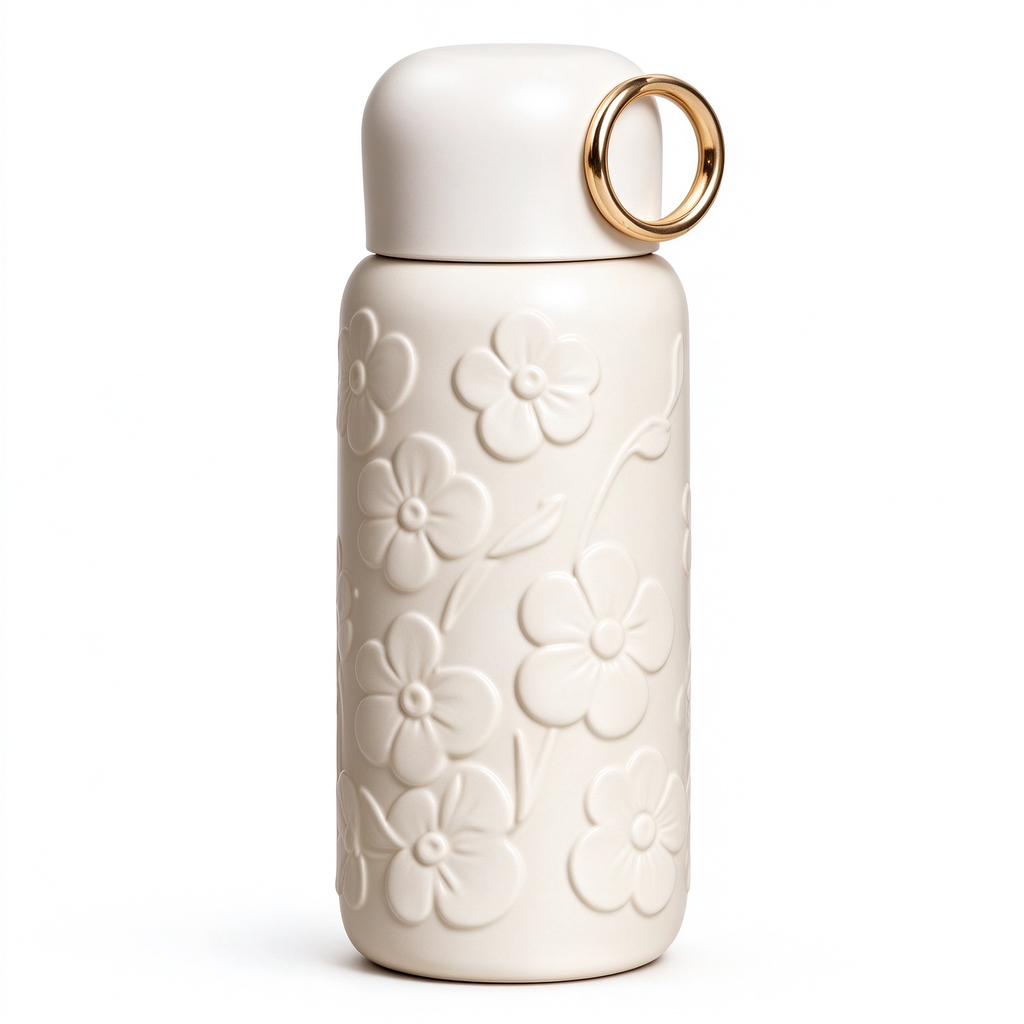 Embossed White Floral Thermos With Gold Ring