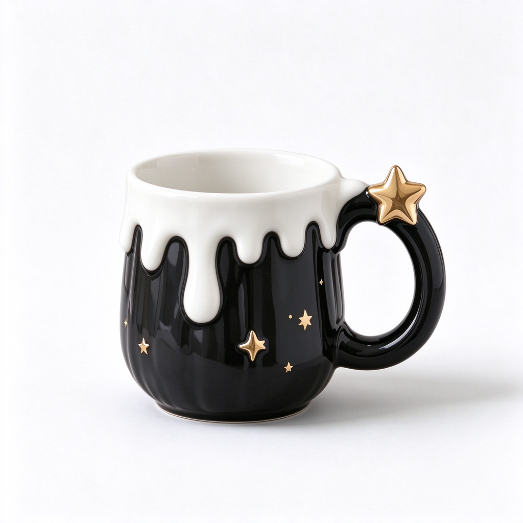 Black Drip Star Ceramic Mug With Gold Star Handle